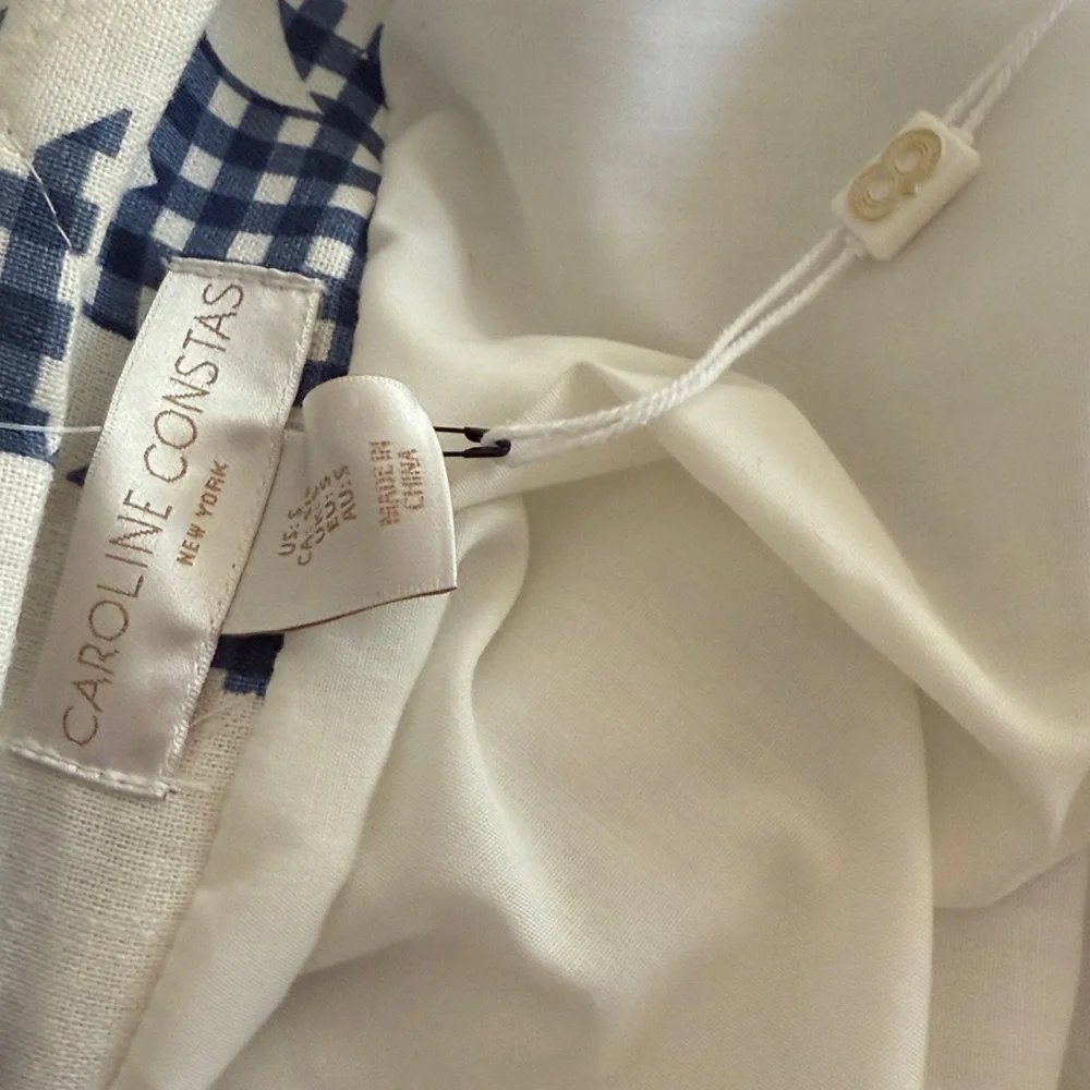 NWT CAROLINE CONSTAS White/Blue Quilted Jacket Linen Blend Puffy Shoulder $395 - Picture 8 of 8
